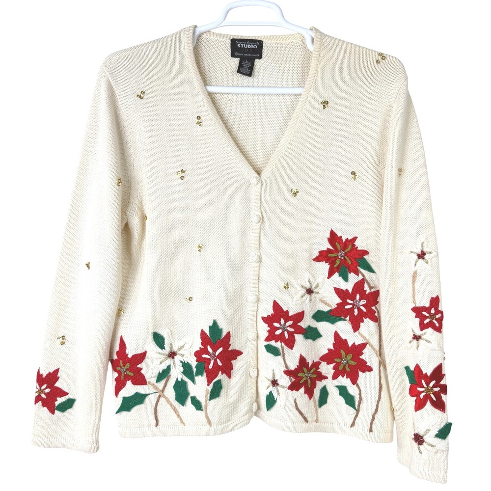 Christmas Cardigan Poinsettia Sweater by Designers Originals Cream L Grandmacore
